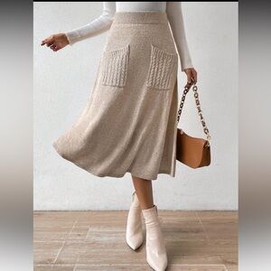 Elegant Cream Sweater Cable Knit Midi A-Line Skirt S Beige Tan Shein Romantic